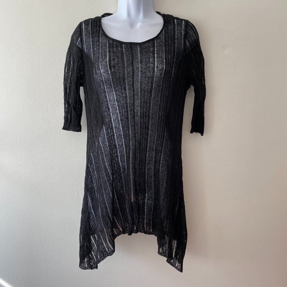 Eileen Fisher Black Mesh Sheer Linen Silk Top Womens Small